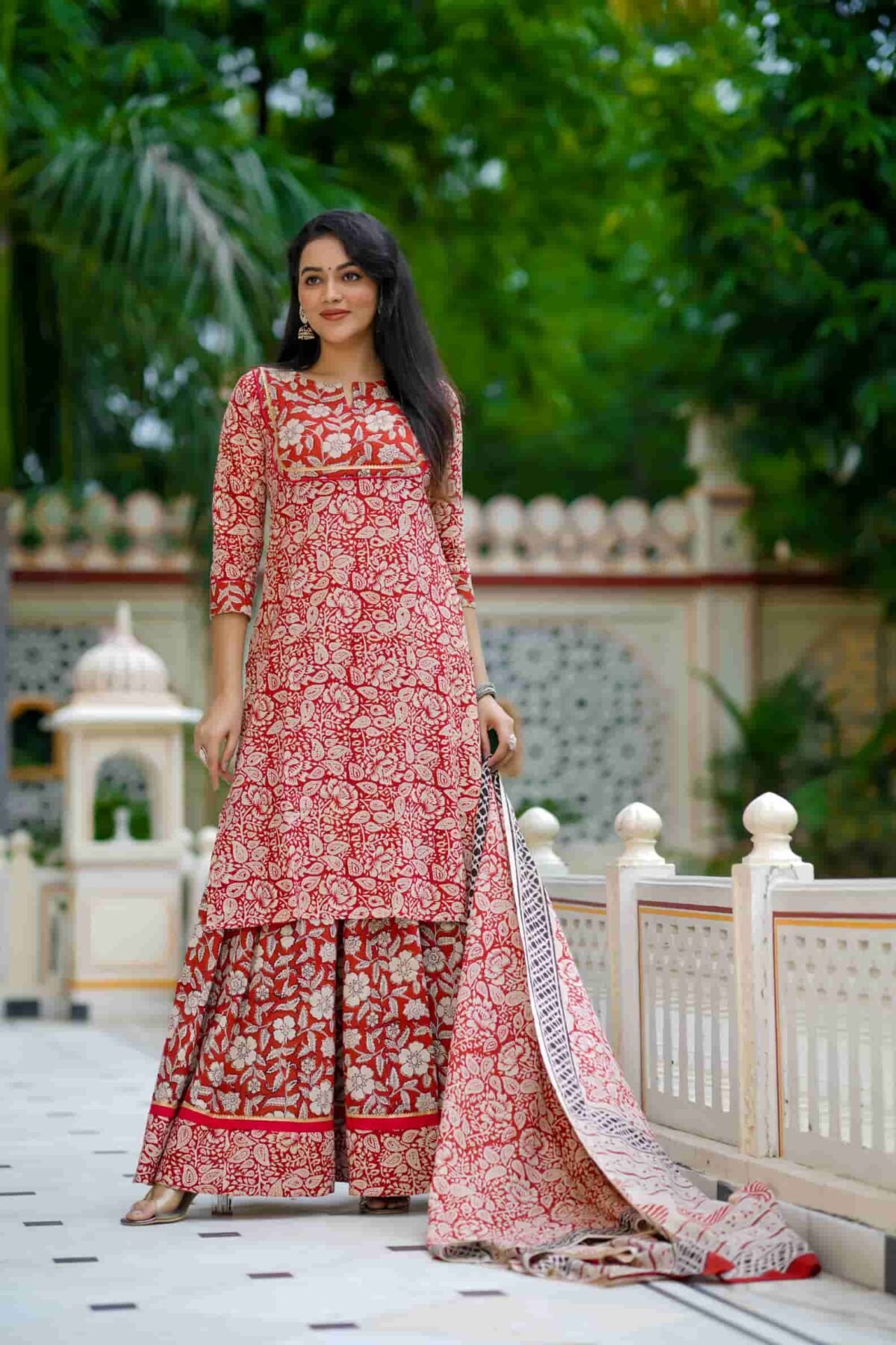 Red Bagru Print Cotton Kurti Skirt With Dupatta - Image 2
