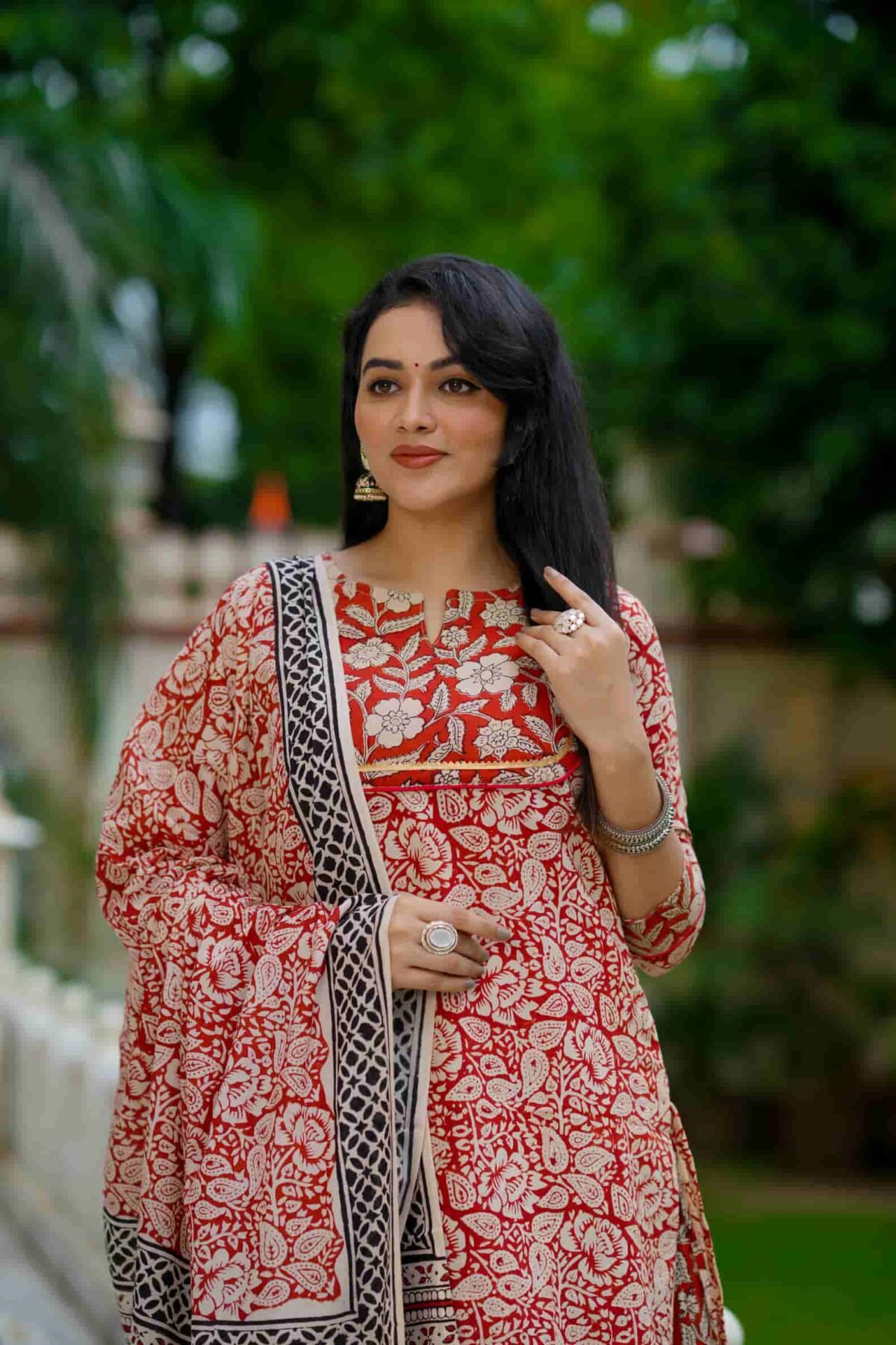 Red Bagru Print Cotton Kurti Skirt With Dupatta - Image 3
