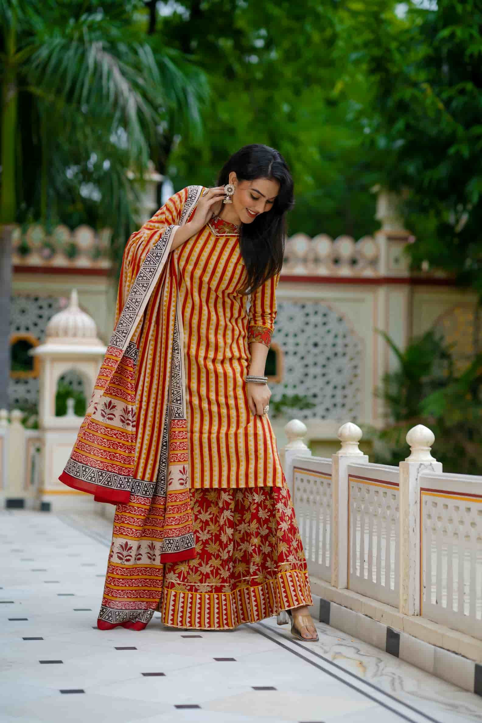Red & Orange Bagru Print Cotton Kurti Skirt With Dupatta