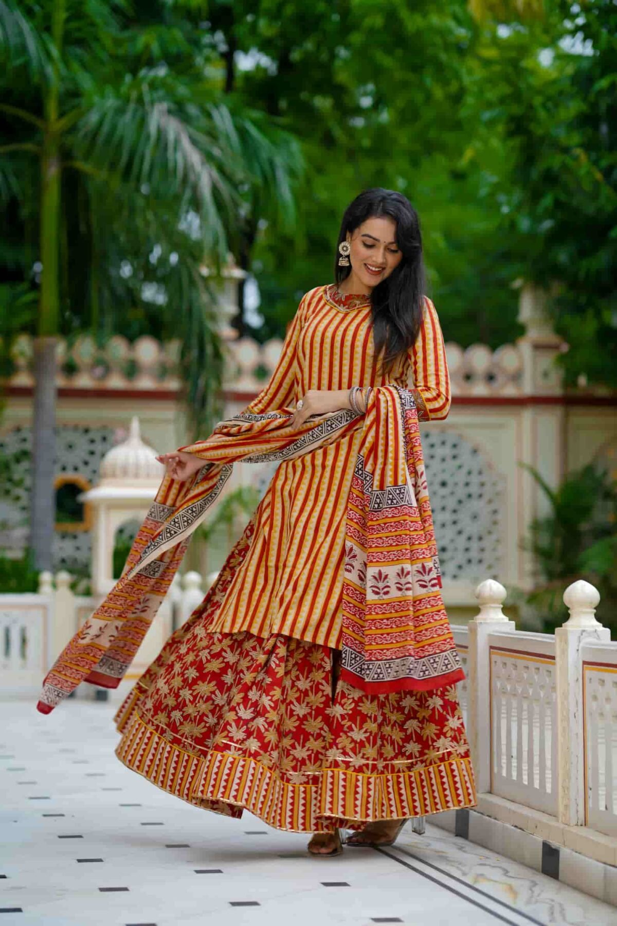 Red & Orange Bagru Print Cotton Kurti Skirt With Dupatta - Image 2