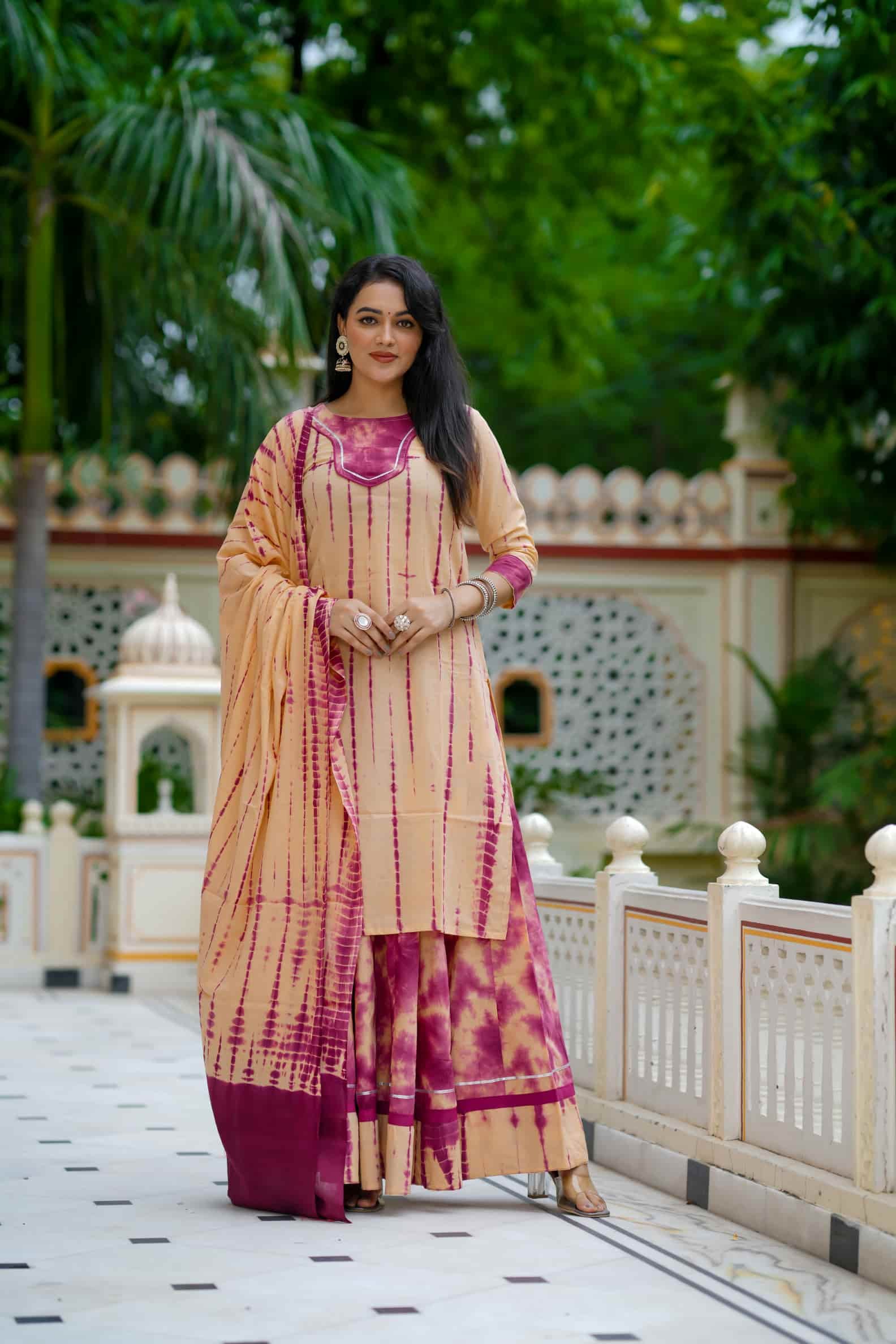 Peach Tie Dye Print Cotton Kurti Skirt With Dupatta