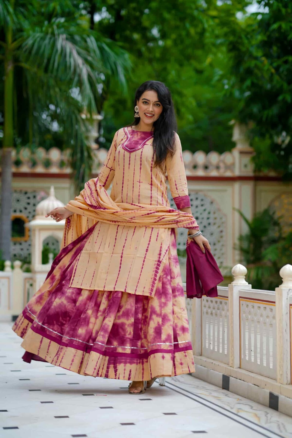Peach Tie Dye Print Cotton Kurti Skirt With Dupatta - Image 2