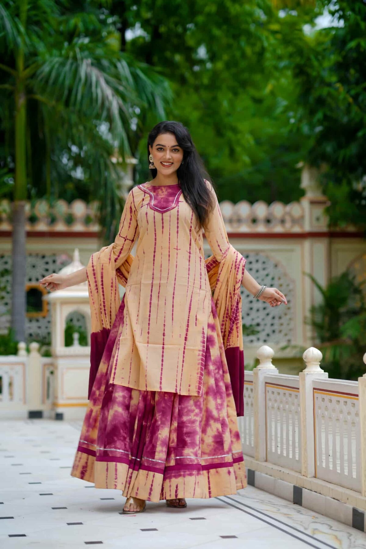 Peach Tie Dye Print Cotton Kurti Skirt With Dupatta - Image 3