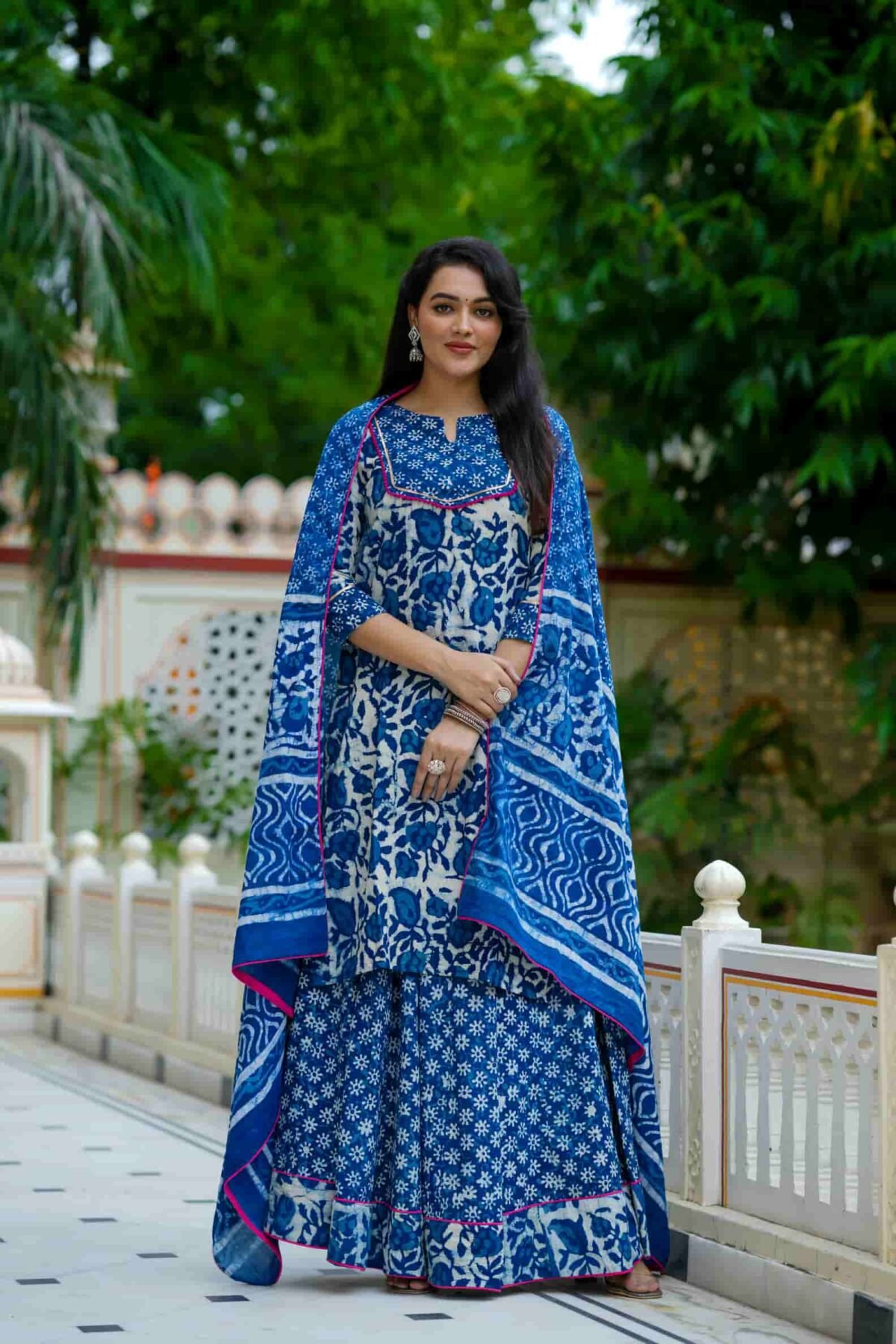 Indigo Daabu Print Cotton Kurti Skirt With Dupatta - Image 3