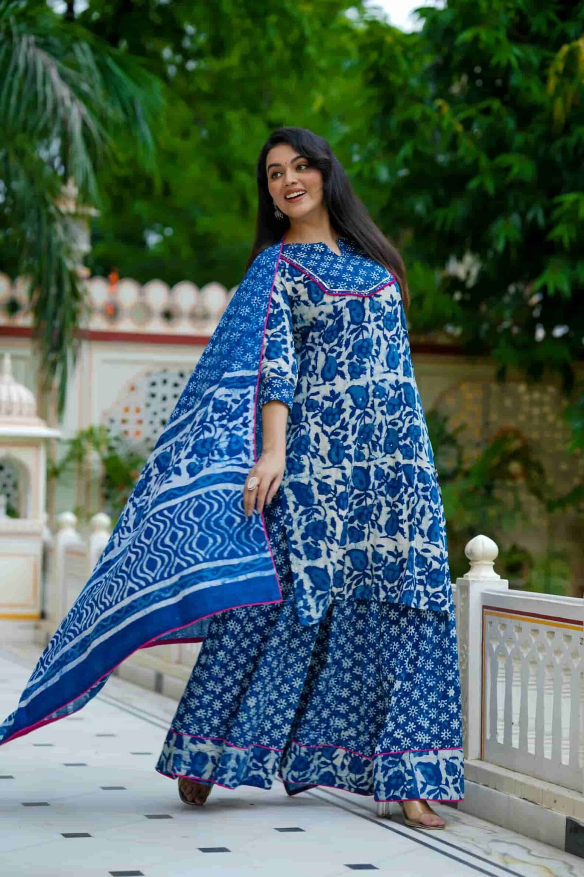 Indigo Daabu Print Cotton Kurti Skirt With Dupatta - Image 2