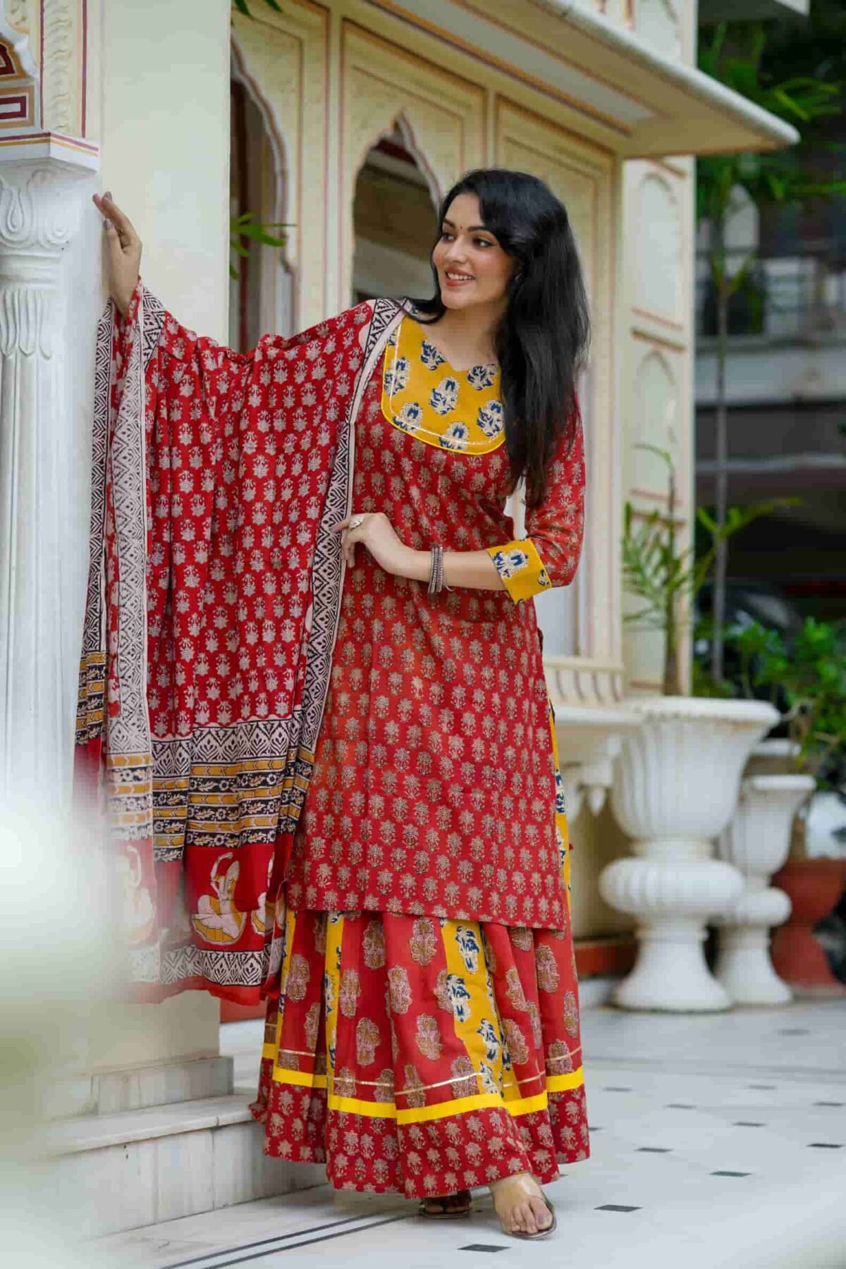 Red & Yellow Bagru Print Cotton Kurti Skirt With Dupatta - Image 2