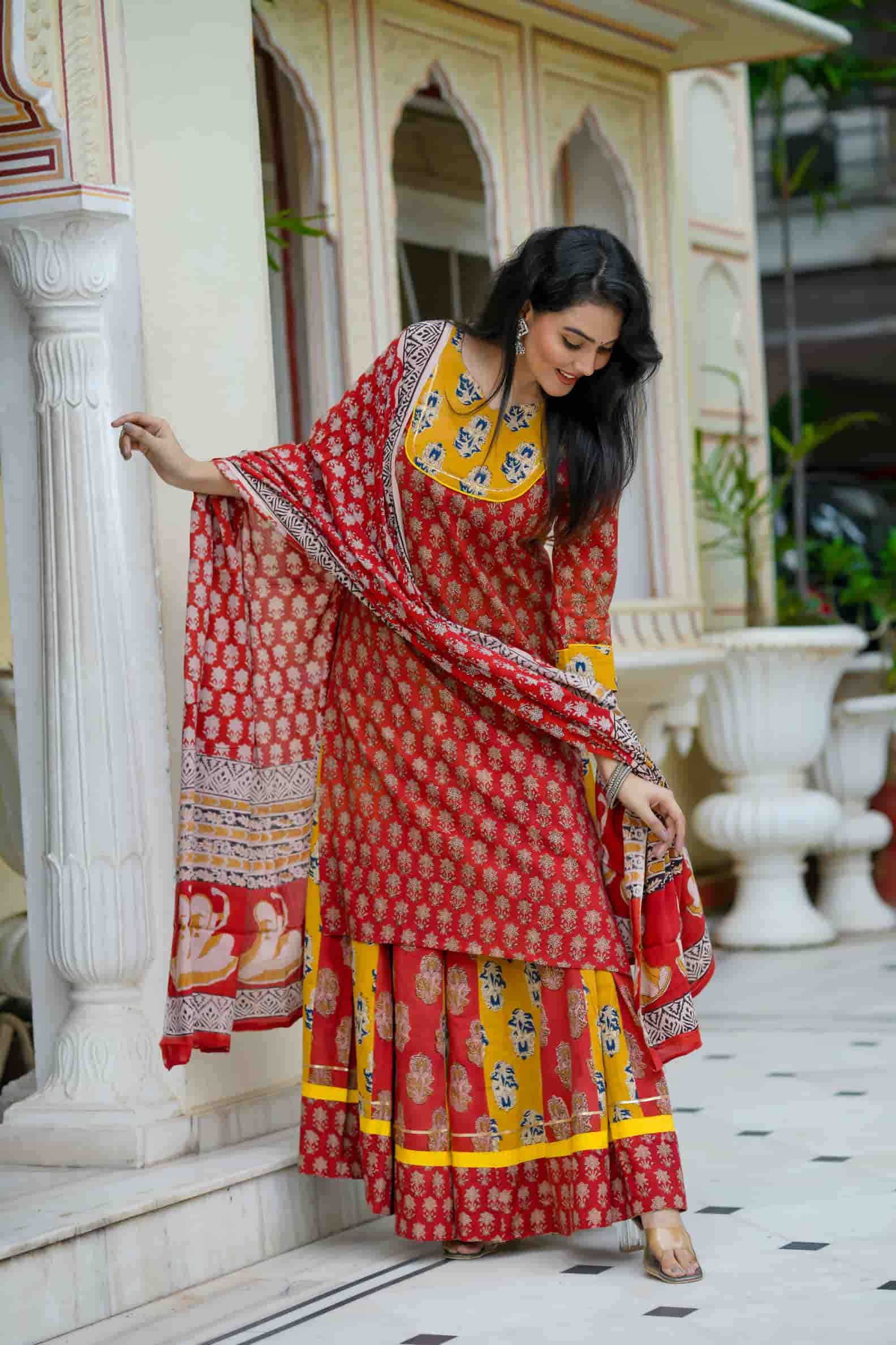 Red & Yellow Bagru Print Cotton Kurti Skirt With Dupatta