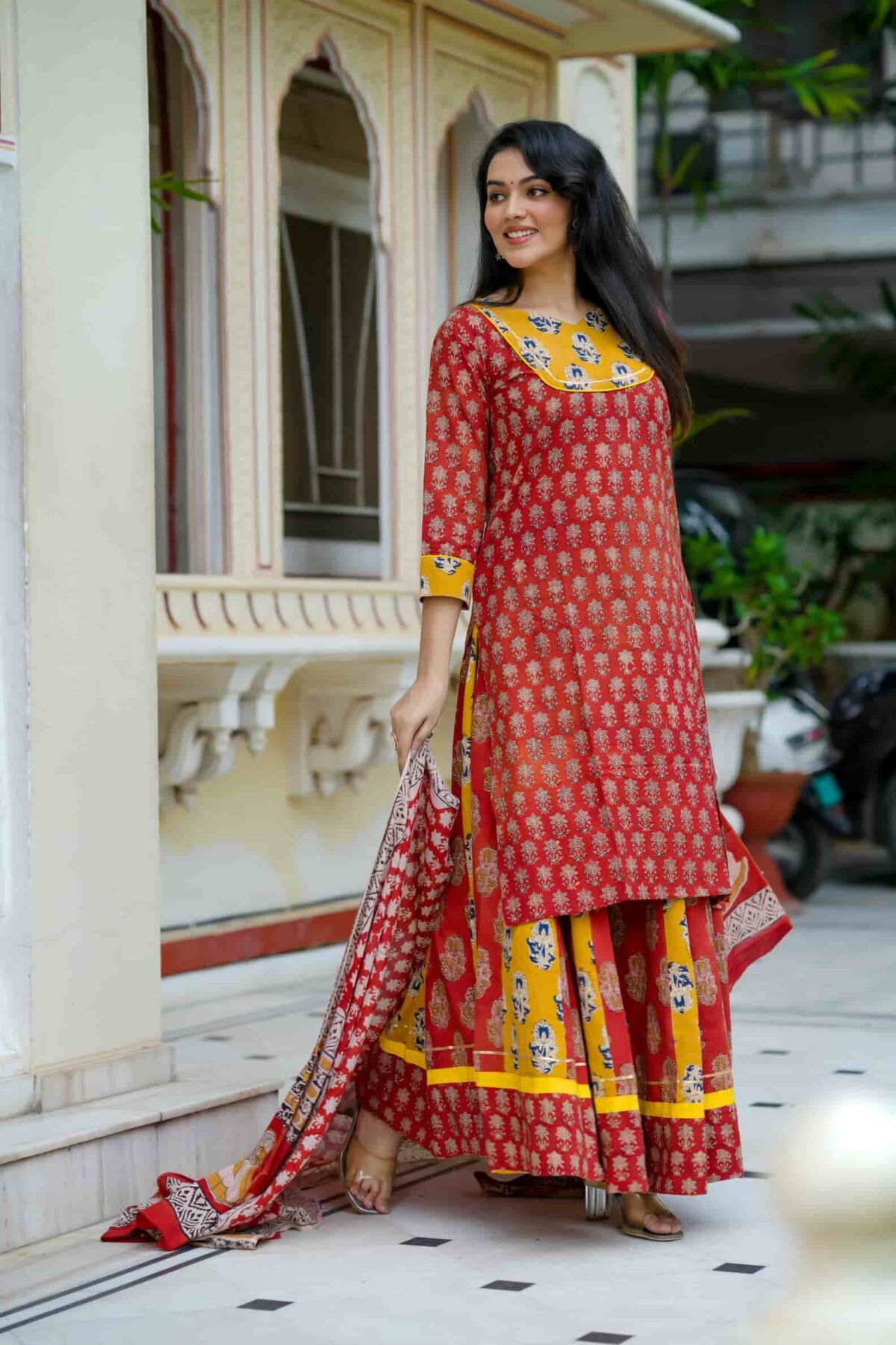 Red & Yellow Bagru Print Cotton Kurti Skirt With Dupatta - Image 3