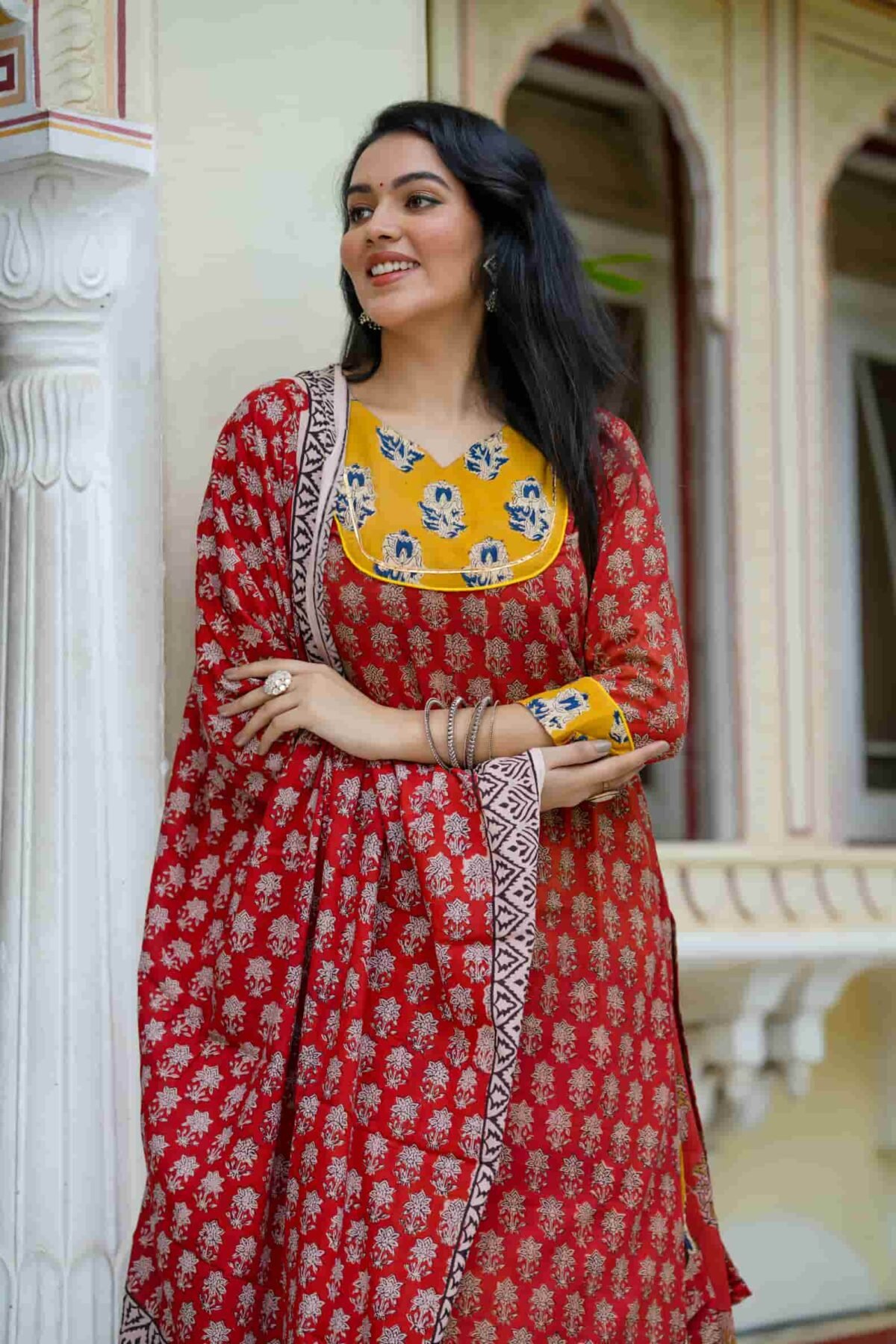 Red & Yellow Bagru Print Cotton Kurti Skirt With Dupatta - Image 4