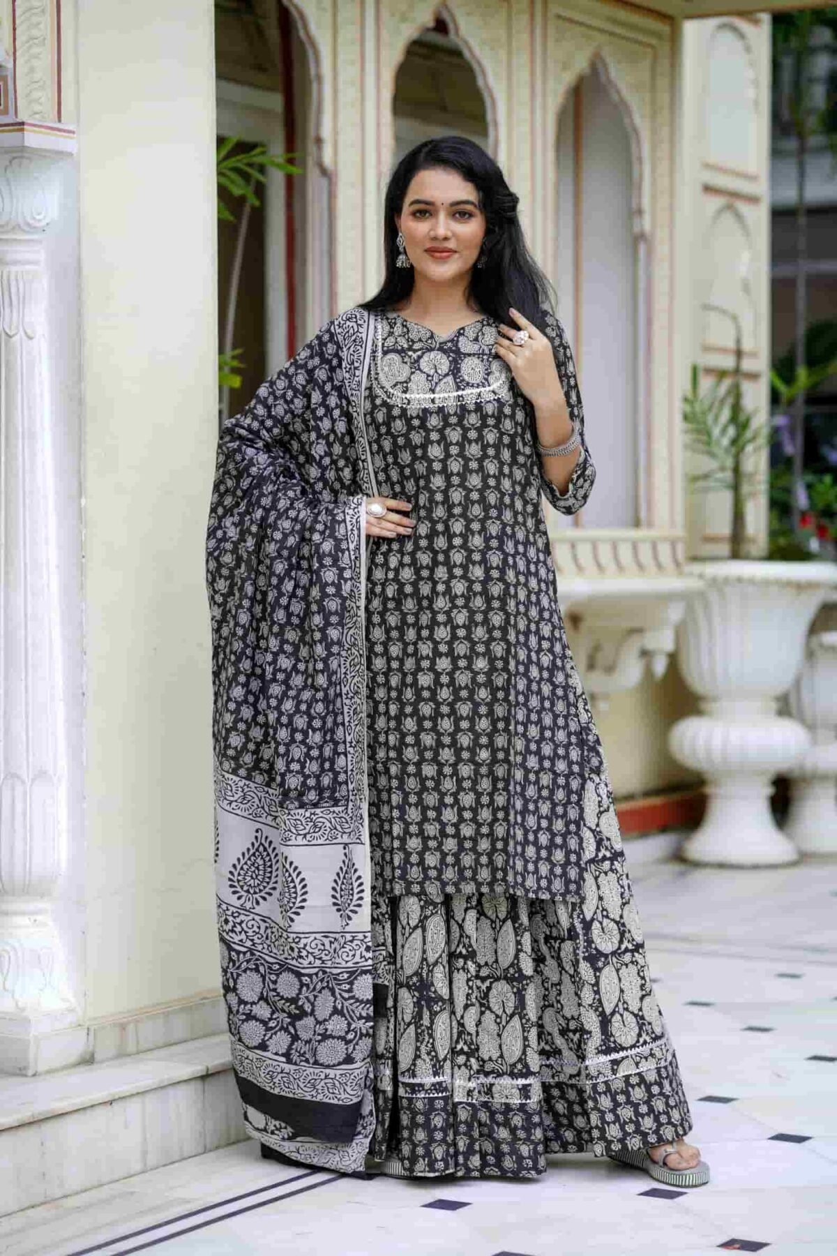Black Bagru Print Cotton Kurti Skirt With Dupatta - Image 3