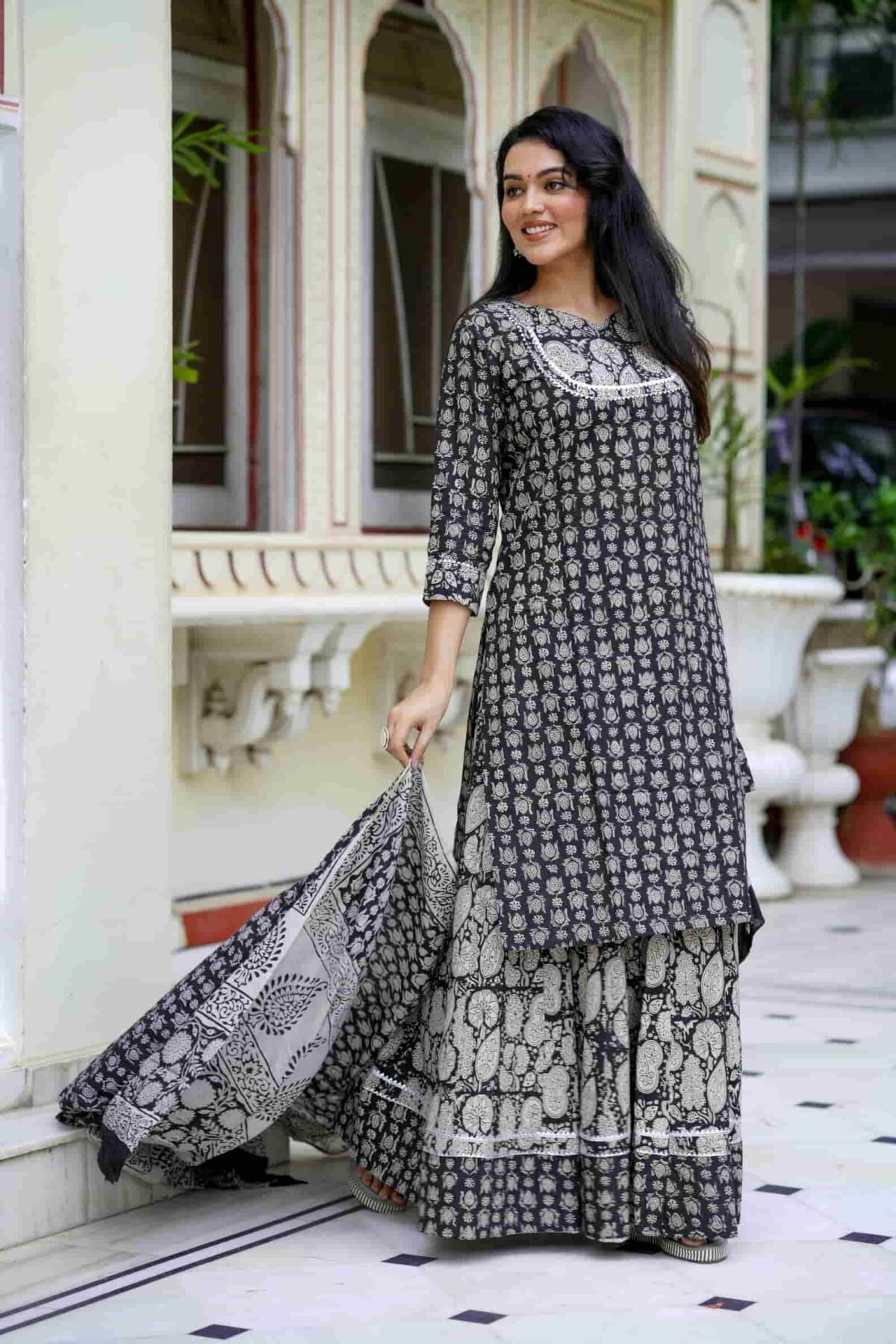 Black Bagru Print Cotton Kurti Skirt With Dupatta - Image 2