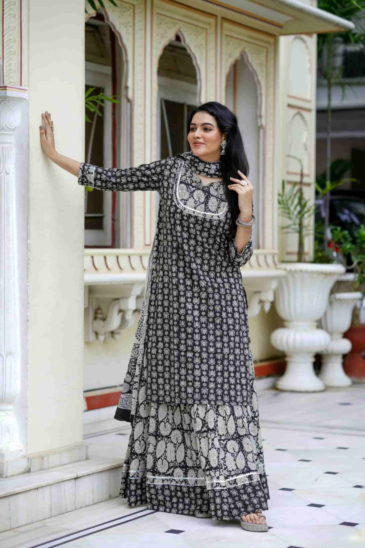 Black Bagru Print Cotton Kurti Skirt With Dupatta
