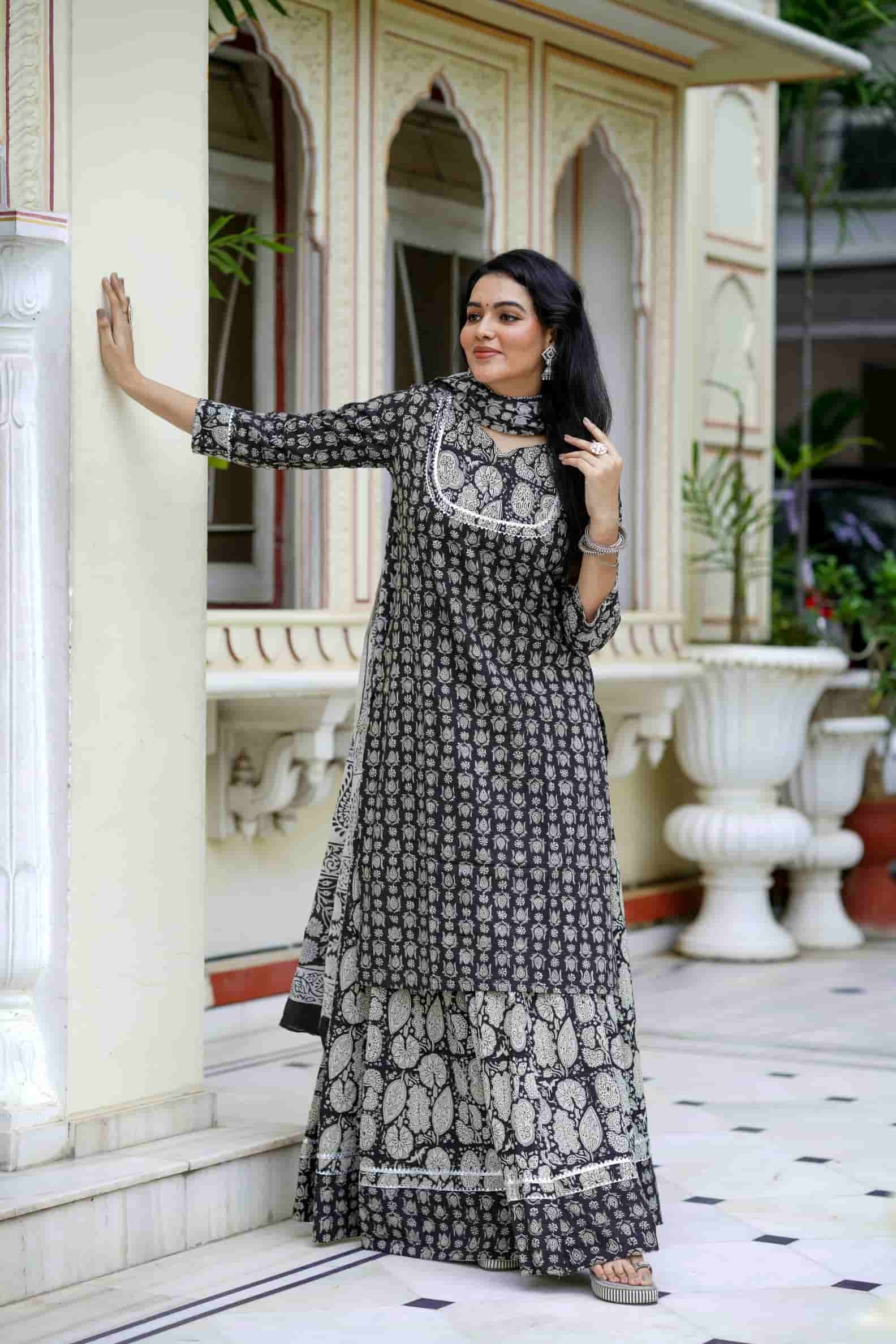 Black Bagru Print Cotton Kurti Skirt With Dupatta