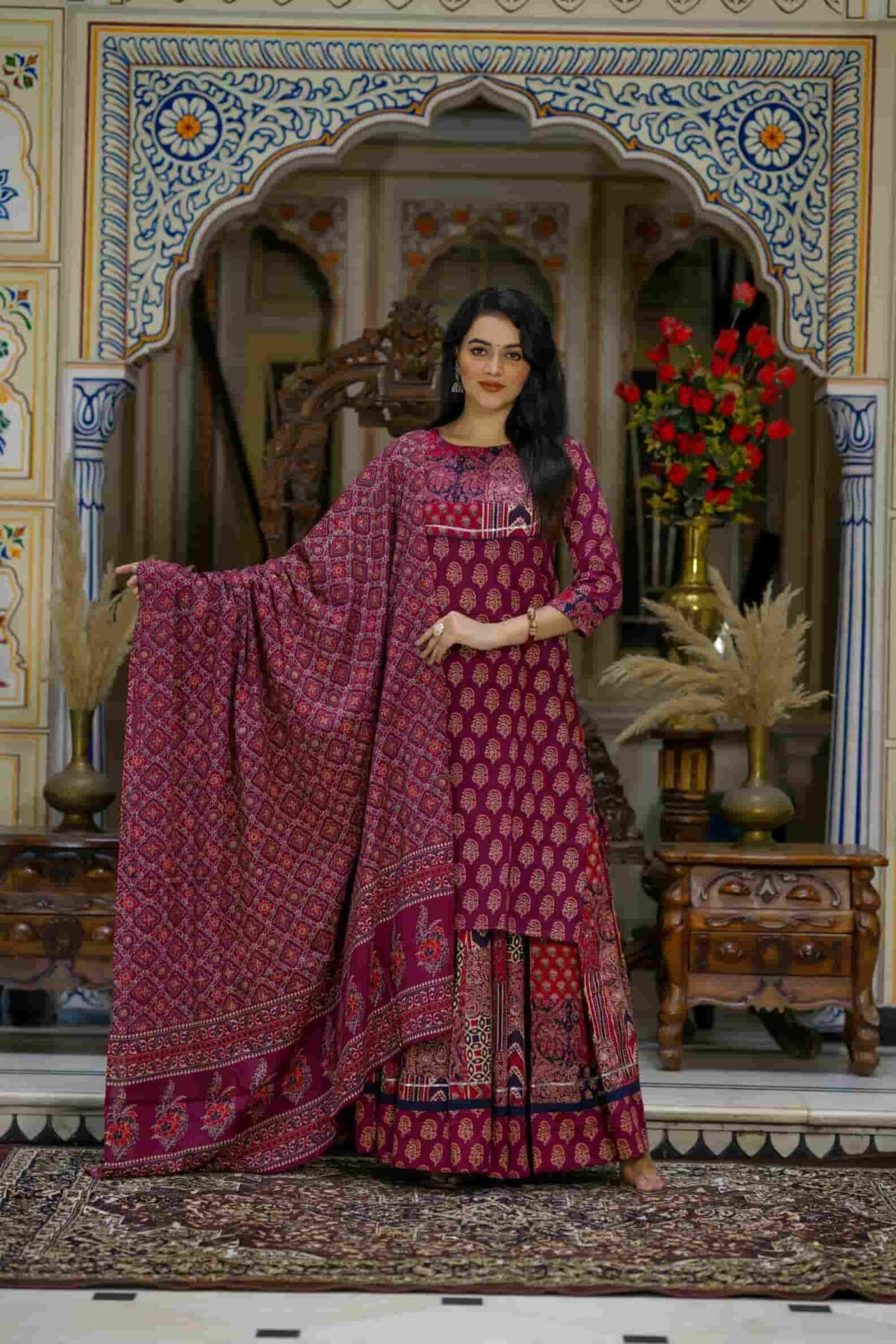 Maroon Bagru Print Cotton Kurti Skirt With Dupatta - Image 4