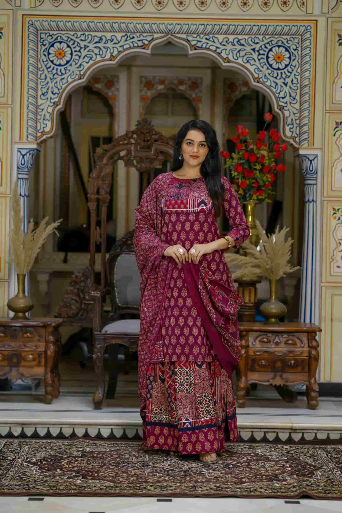 Maroon Bagru Print Cotton Kurti Skirt With Dupatta - Image 3