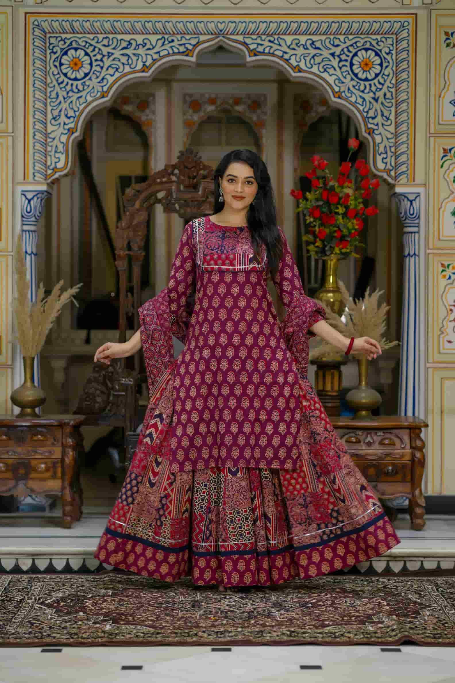 Maroon Bagru Print Cotton Kurti Skirt With Dupatta