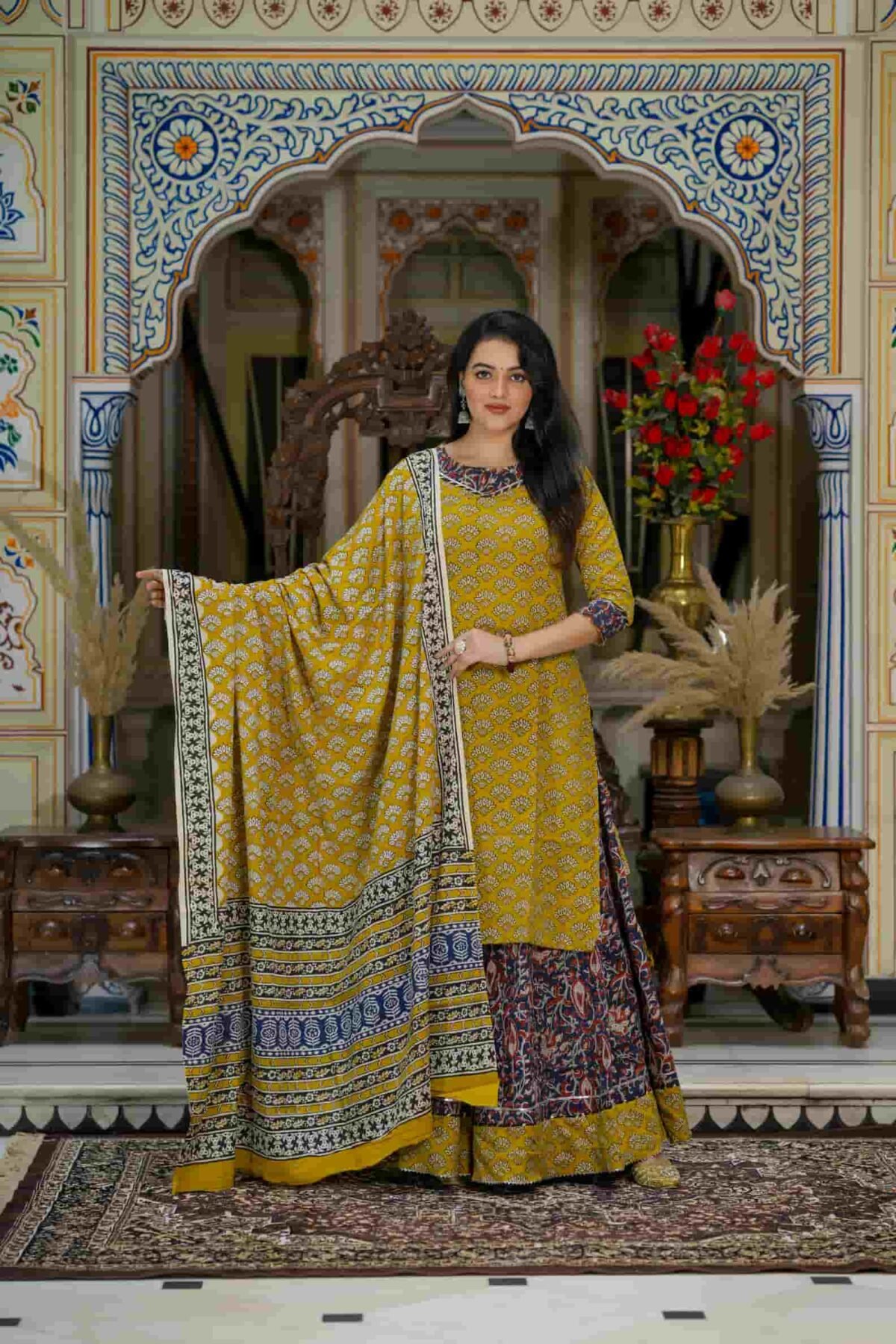 Musturd & Blue Bagru Print Cotton Kurti Skirt With Dupatta - Image 4