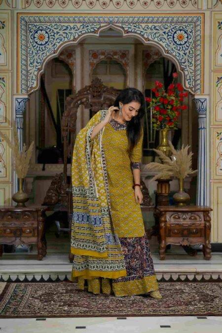 Musturd & Blue Bagru Print Cotton Kurti Skirt With Dupatta