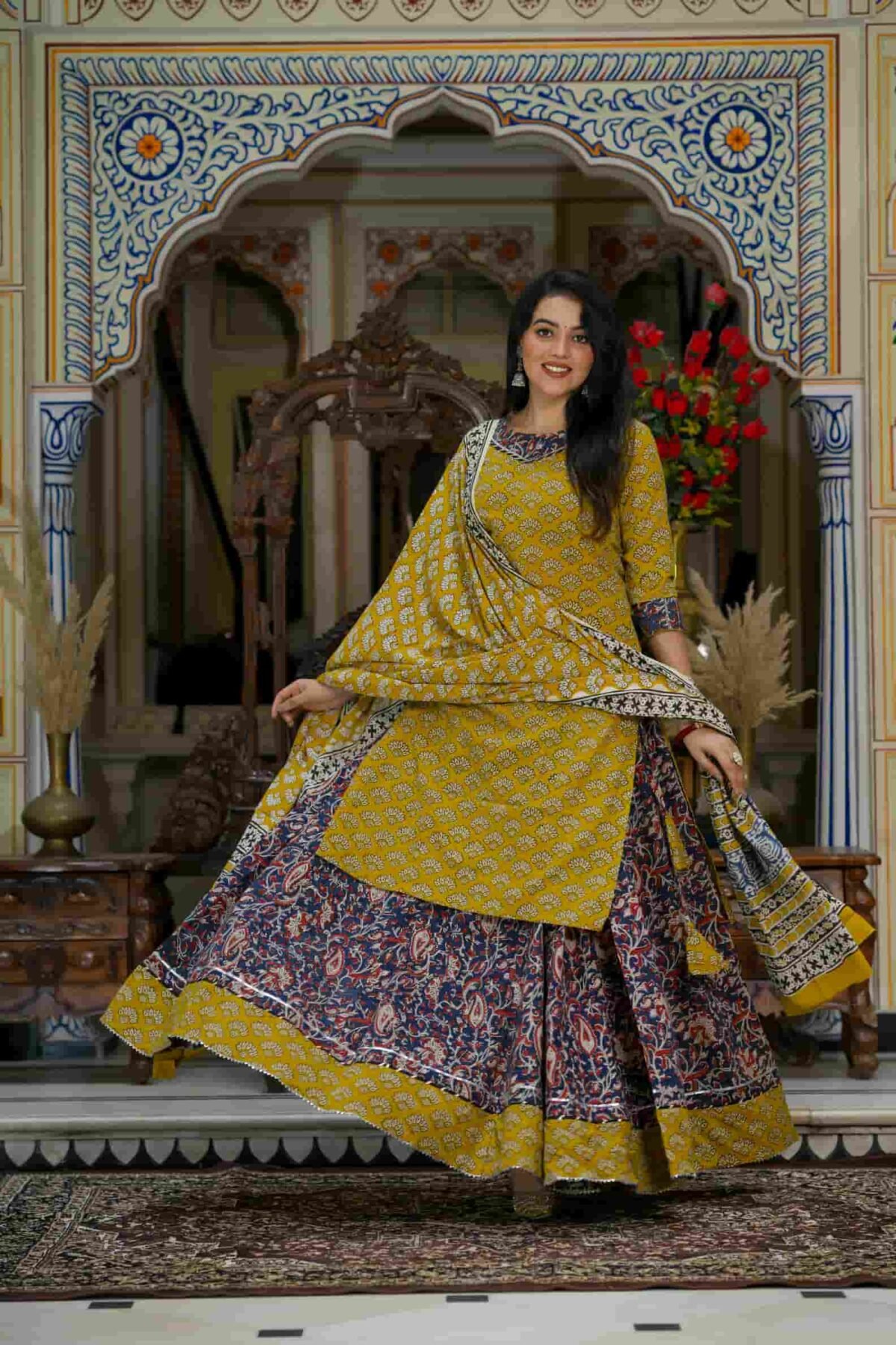 Musturd & Blue Bagru Print Cotton Kurti Skirt With Dupatta - Image 2