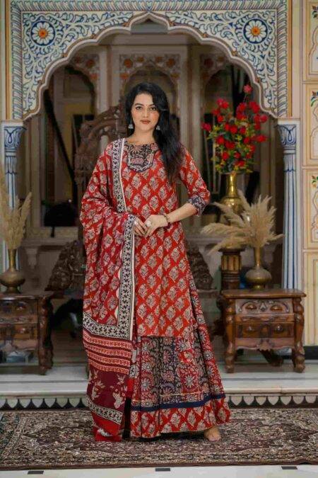 Red Hand Block Print Cotton Kurti Skirt With Dupatta