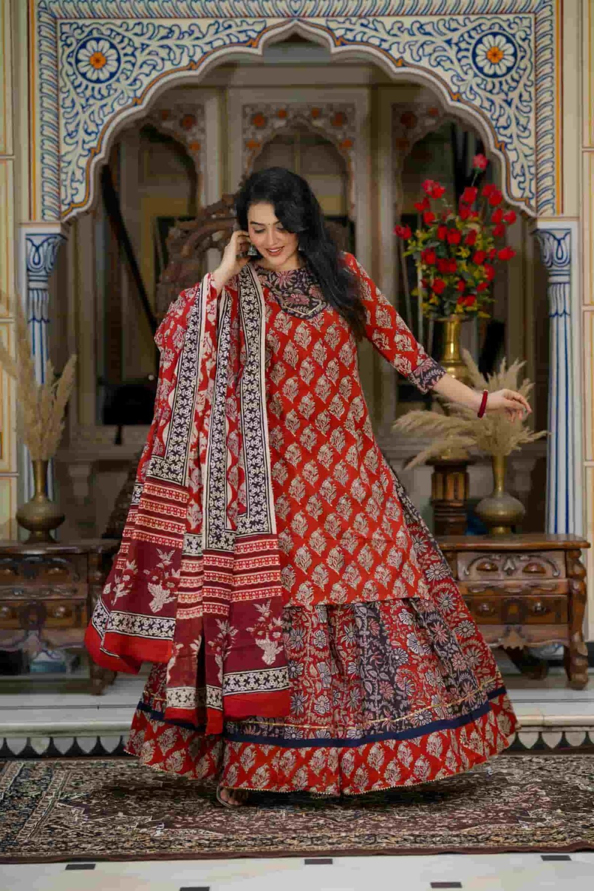 Red Hand Block Print Cotton Kurti Skirt With Dupatta - Image 2