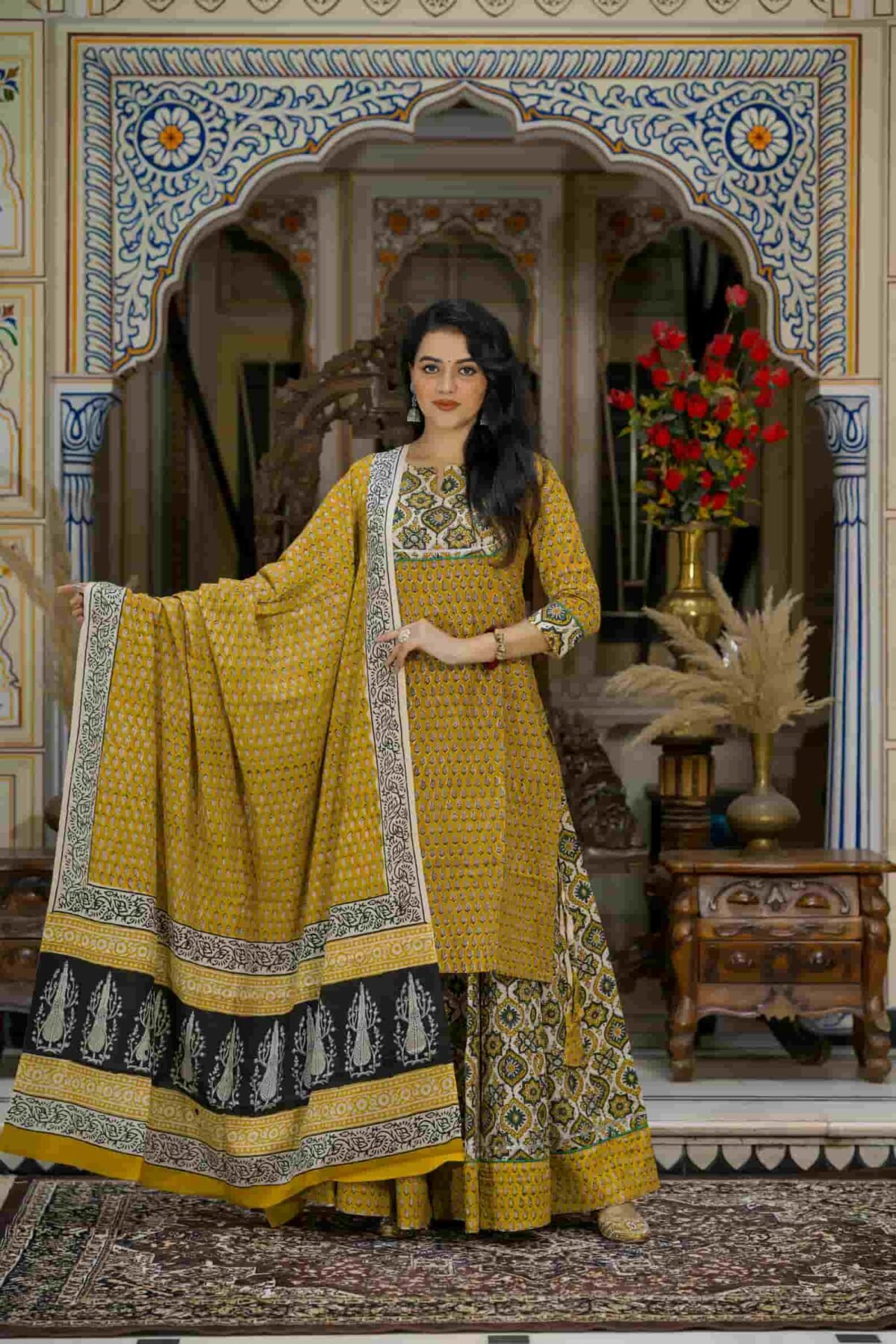 Musturd Bagru Print Cotton Kurti Skirt With Dupatta - Image 4
