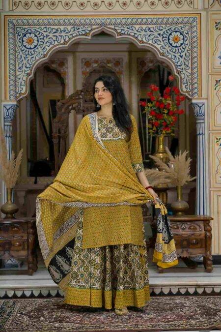 Musturd Bagru Print Cotton Kurti Skirt With Dupatta