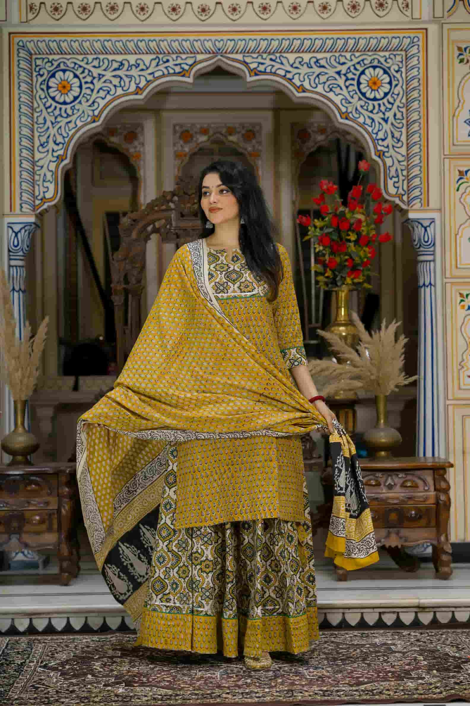 Musturd Bagru Print Cotton Kurti Skirt With Dupatta