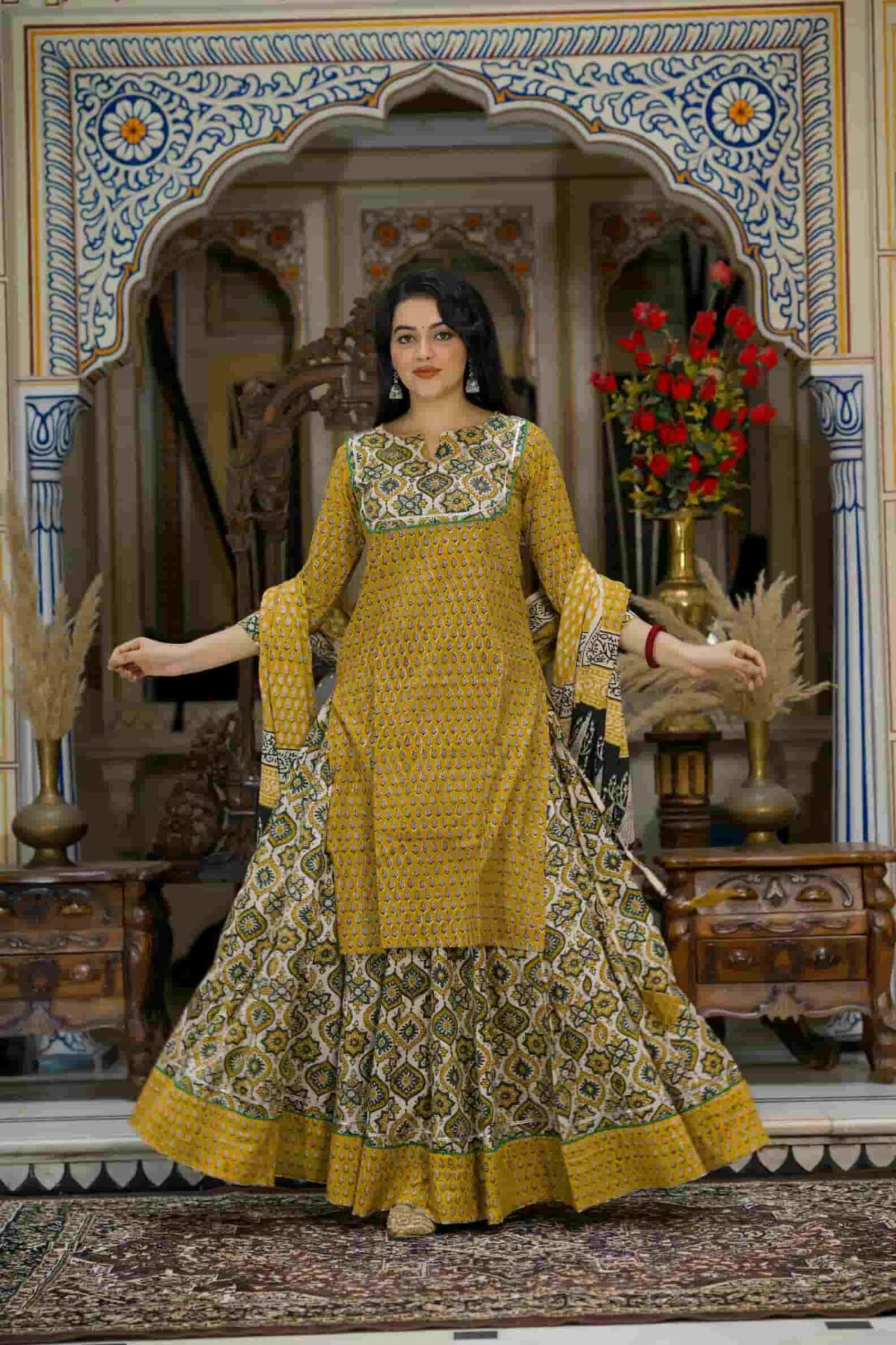 Musturd Bagru Print Cotton Kurti Skirt With Dupatta - Image 3