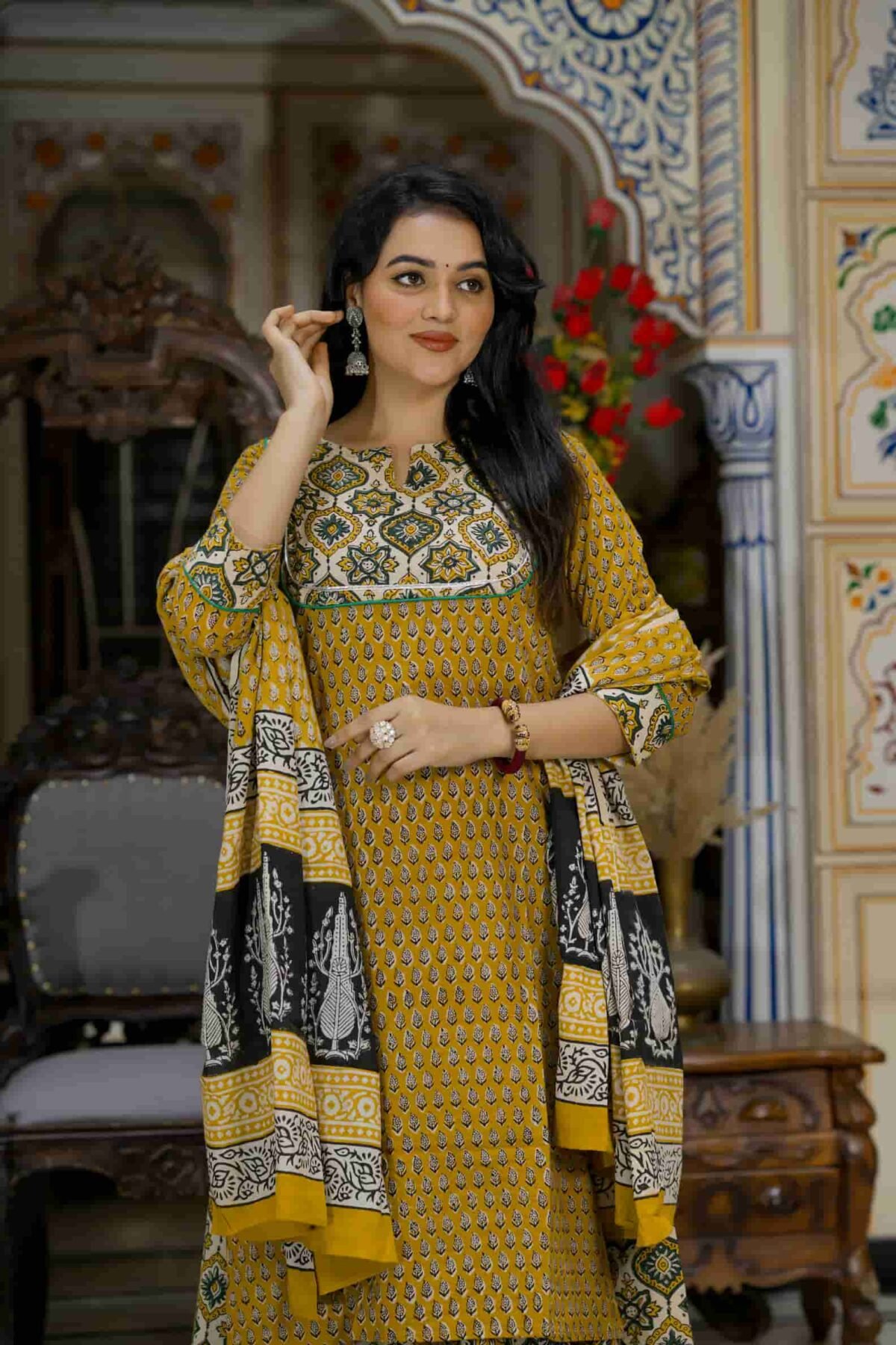 Musturd Bagru Print Cotton Kurti Skirt With Dupatta - Image 2