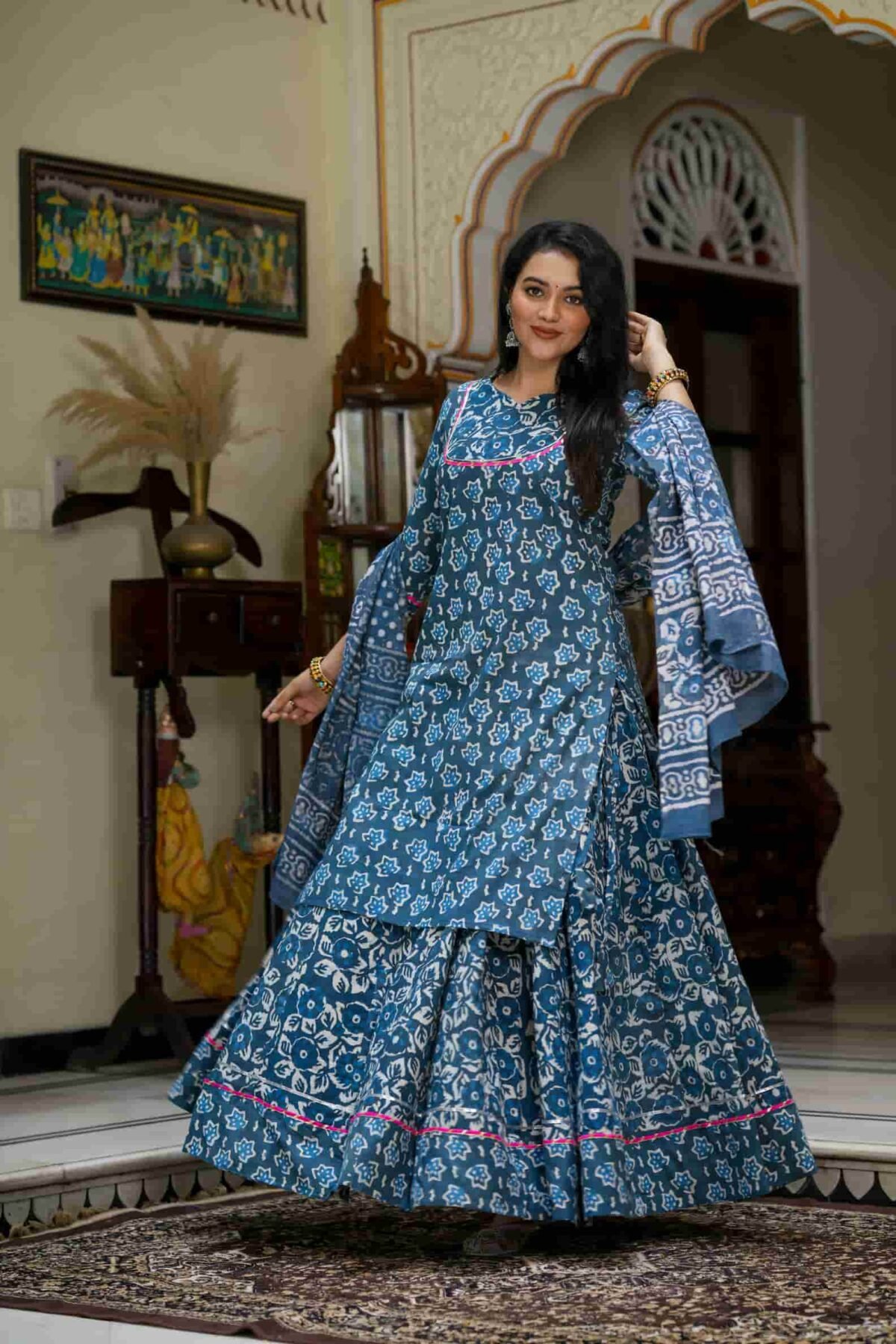 Indigo Kashish Daabu Print Cotton Kurti Skirt With Dupatta - Image 3