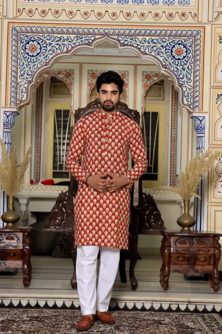 Red Bagru Hand Block Print Men's Kurta