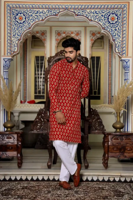 Red Hand Block Print Men's Kurta
