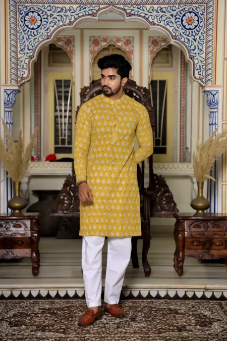 Musturd Yellow Hand Block Print Men's Kurta