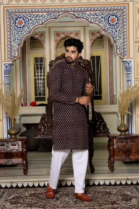 Black Bagru Hand Block Print Men's Kurta
