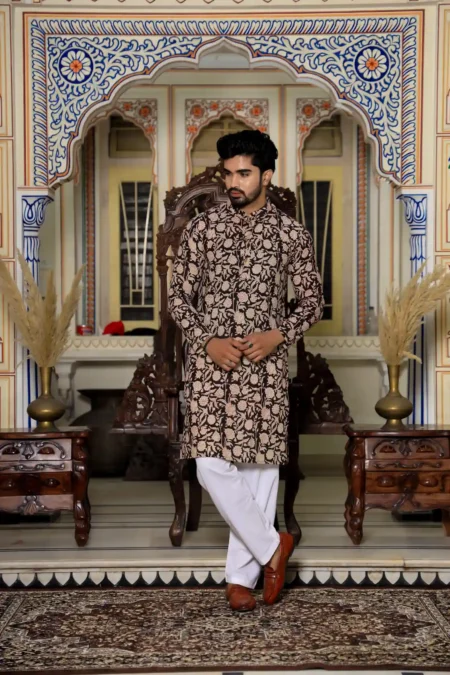 Black Kalamkari Hand Block Print Men's Kurta