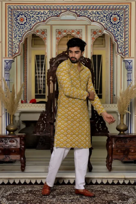 Yellow Bagru Hand Block Print Men's Kurta