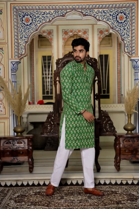 Green Bagru Block Print Men's Kurta