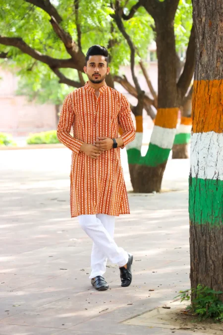 Red and Orange Block Print Men's Kurta