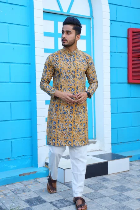 Yellow Block Print Men's Kurta
